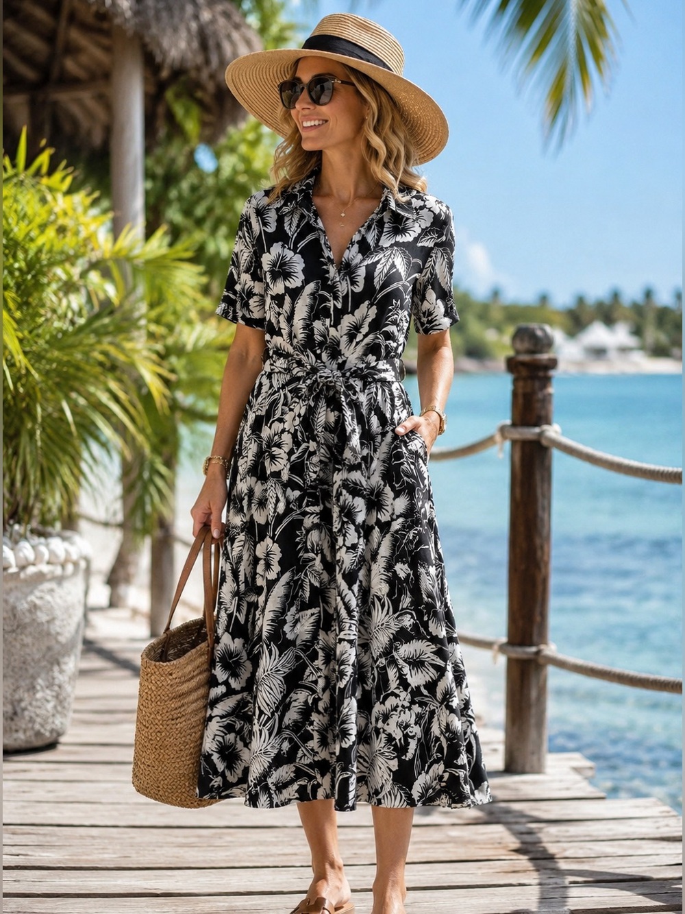Lauren Ralph Lauren Tropical Linen Shirt Dress | Black & Ivory Hibiscus Print
